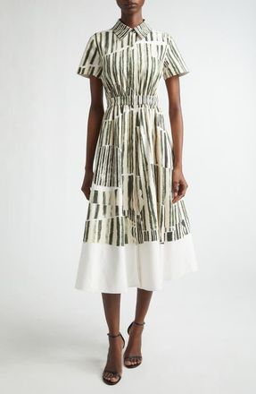 Jason Wu Stripe Collage Stretch Cotton Midi Shirtdress in Plaster/Hunter Green at Nordstrom, Size 10