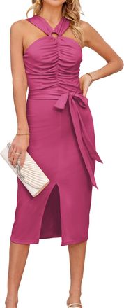 Grace Karin Summer Body con Dress for Women Halterneck Slim Fit Long Dress Dark Pink XXL