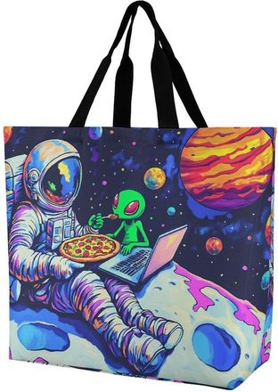 Generic Astronaut Aliens Pizza Reusable Shopping Bags Large Capacity Grocery Bag Heavy Duty Tote for Women 40x40x16cm