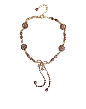Dolce & Gabbana Womens Crystal Embellished Necklace Bow Pendant - Brown Brass - Size Large