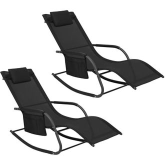 Woltu 2x Poltrona dondolo, Sdraio Relax, Sedia a sdraio, Con poggiatesta, Nero