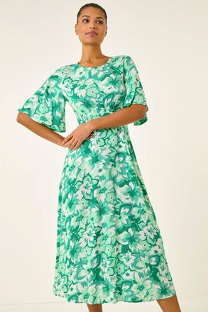 Roman Floral Print Angel Sleeve Midi Dress