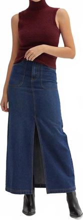 Crescent Esther High Waisted Midi Skirt In Blue Denim