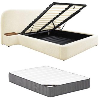 Vente-Unique Letto con contenitore 160x200cm con comodini Tessuto bouclette Bianco + Materasso - esteria della Maison C&eacute;phy