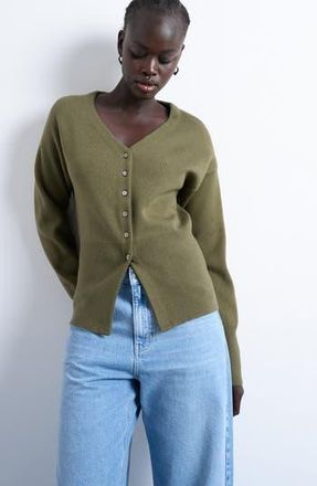 Topshop V-Neck Fitted Waist Cardigan in Khaki at Nordstrom Rack, Size Medium