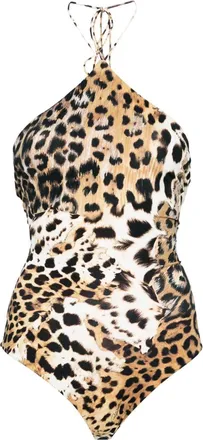 Roberto Cavalli Jaguar Skin-print halterneck bodysuit - women - Polyamide/Spandex/Elastane - 48 - Neutrals