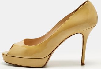 Jimmy Choo London Beige Patent Leather Crown Peep Toe Platform Pumps