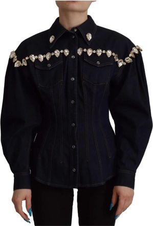 Dolce & Gabbana Denimjack met Kristalversiering - Dames - Spijkeroverhemden - Blauw - XL - Denim - Overhemden
