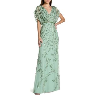 Mac Duggal Beaded V-Neck Short Sleeve Blouson Gown in Seafoam at Nordstrom, Size 12