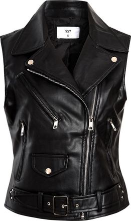 SS7 Womens Faux Leather Gilet PU Sleeveless Biker Jacket Black