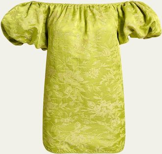 Saint Laurent Duchesse Satin Brocade Puff-Sleeve Mini Dress