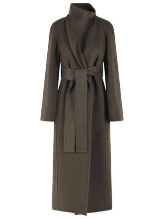 Khaite Raised Neck Green Wool Coat With Matching Belt And Side Pockets