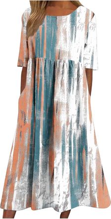 Generic Summer Dresses for Women UK Italian Short Sleeve Crew Neck Floral Dresses with Pockets Casual Flower Print Swing Midi Dress Loose Lounge Pullover Dres