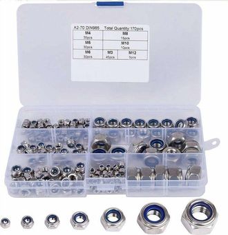 OEM Tuerca Hexagonal, Kit Surtido De 170 Tuercas De Seguridad De Nailon, Tuercas Hexagonales De Seguridad De Acero Inoxidable, 304 Y Nailon. Tama&ntilde;os: M3, 