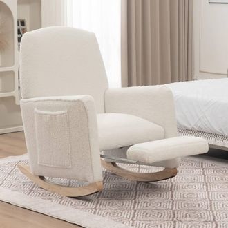 Direct Wicker Teddy Fabric Upholstered Armchair Rocking Chair with Footrest in White | Size: 1 Pack