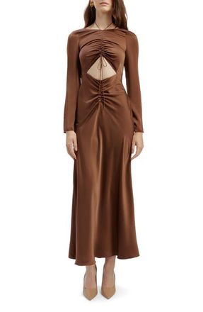 Bardot Daring Ruched Long Sleeve Cutout Midi Dress in Chocolate at Nordstrom, Size 10