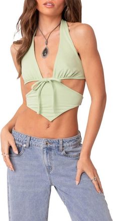 Edikted Cady Cutout Crop Halter Top in Green at Nordstrom, Size X-Large