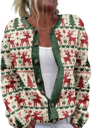 Generic Womens Christmas Long Sleeve Cardigan Round Neck Button Christmas Print Coat (UK, Alpha, M, Regular, Regular, 1)