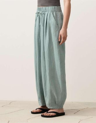 Oysho Pantaloni a palloncino a pieghe in 100% lino color acquamarina-Blu