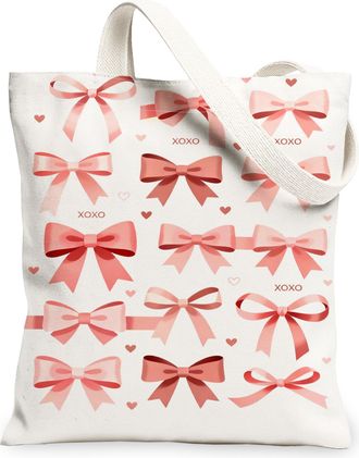 Generic ValentineS Day Bow Canvas Tote Bags, Cute Ribbon Reusable Grocery Bags, Lightweight Washable Shoulder Strap for Travel Bea, White, 13x15 Inch