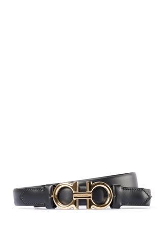 Ferragamo Narrow Leather Belt with Double Gancini Buckle