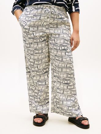 Tommy Hilfiger Stoffhose TOMMY HILFIGER CURVE CRV ESS LINEN PULL ON PANTS, Damen, Gr. 48, N-Gr, small flag feathers calico, Web, Obermaterial: 100% Leinen, bedruckt,