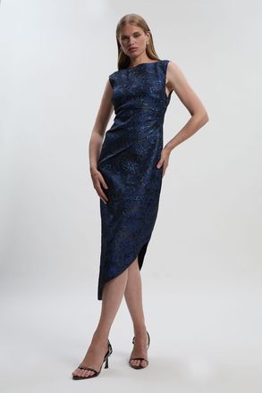 Karen Millen Womens Floral Textured Jacquard Asymmetric Pencil Dress - Blue - Size 10 UK