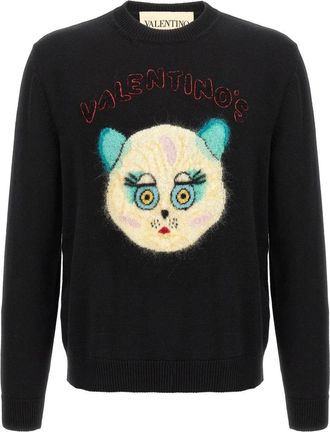 Valentino Garavani Wollen trui met katoen en Le Chat De La Maison-patch - Heren - Ronde hals truien - Zwart - L - Katoen - Truien & Vesten