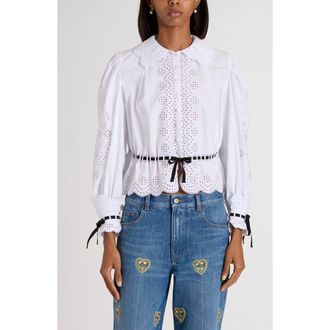 Valentino Garavani Eyelet Embroidered Button-Up Shirt in White/Black at Nordstrom, Size 10 Us
