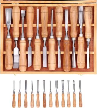 OEM Juego De 12 Herramientas Para Tallar Madera, Kit De Tallado Con Caja De Almacenamiento De Madera, Herramientas De Tallado Con Hoja Crv Para Cucharas, 