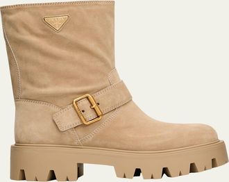 Prada Triangle Logo Suede Biker Boots