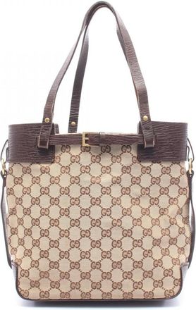 Gucci Beige Brown Gg Canvas Leather Handbag Tote Bag (Pre-Owned)