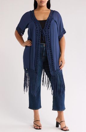 Forgotten Grace Crochet Trim Fringe Hem Duster in Navy at Nordstrom Rack, Size 2X