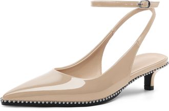 EDEFS Womens Beige Patent Leather Pointed Toe Ankle Strap Heels - 1.5 Kitten Heel Studded Slingback Pumps for Party