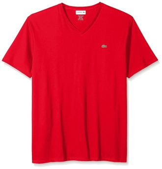 Lacoste Mens Short Sleeve V-Neck Pima Jersey T-Shirt In Red