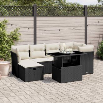 vidaXL Vidaxl - Set De Sof&aacute;s De Jard&iacute;n 7 Pzas Con Cojines Rat&aacute;n Sint&eacute;tico Negro