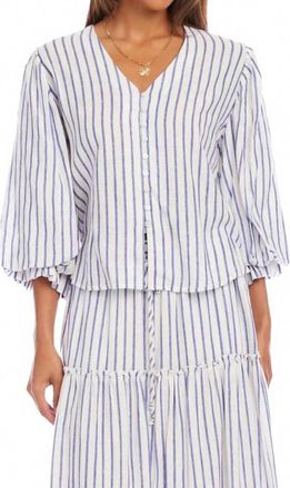 Karen Kane Stripe Layered Sleeve Shirred Blouse In Off White With Blue