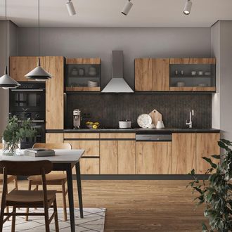 Vicco Mueble De Cocina R-line, Oro Power Roble/antracita, 350 Cm En Forma De J, Con Armario Alto, Sin Encimera