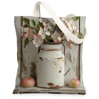 Generic Spring Apples Blossoms Flower Canvas Tote Bag for Shopping 13x15, Farmhouse Country Floral Reusable Grocery Print Pattern Bag for Women, Wooden Rustic