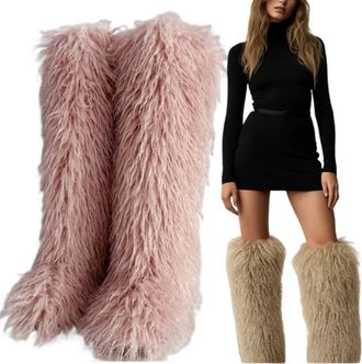 Generic Fluffy Thigh High Boots, 28in Over The Knee Fluffy Boots For Women, Black Thigh High Fur Shoes, Tall Furry Shoes (12.5,Pink)