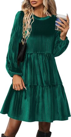 Zeagoo Womens Long Sleeve Elegant Velvet Dress Round Neck Ruffle A Line High Waist Casual Dresses Winter Dress with Pockets, Green, L