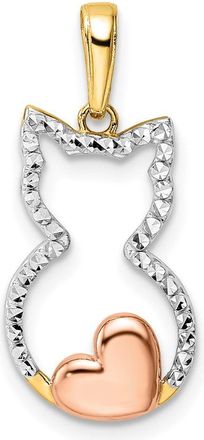 Diamond2Deal 14k Yellow Gold and White and Rose Rhodium Diamond-cut Cat with Heart Pendant