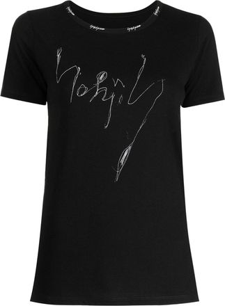 Yohji Yamamoto illustration-print logo-embroidered T-shirt - women - Cotton - 2 - Black