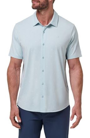 Travis Mathew Shore of It Geo Print Short Sleeve Button-Up Knit Shirt in Azzurro at Nordstrom, Size Xx-Large