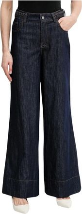 Oui Broeken, Dames, Blauw, M, Katoen, Wide Leg Jeans