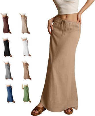 Generic 2025 Summer Linen Maxi Skirts for Women, Cute Vacation Boho Long Flowy Skirts, Comfy Drawstring Waist A Line Skirts (Dark Brown,XXL)
