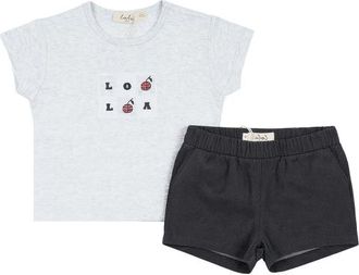 Lola Boy Woven Denim Shorts & Rib Knit Top Two Piece Set in Dark Grey Wash at Nordstrom, Size 18M