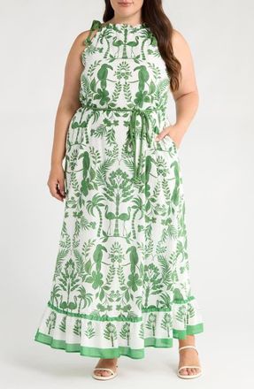 Sugarlips Kimana Floral Cotton Maxi Dress in White/green at Nordstrom, Size 3X