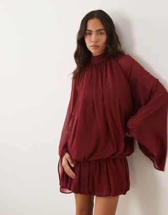 Asos Vestito corto a palloncino allacciato al collo color bacca-Rosso