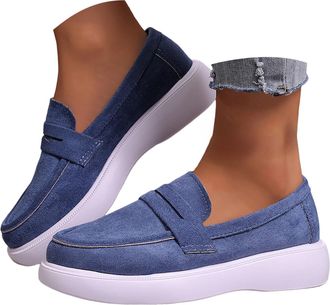 Generic Women Platform Slip On Loafers Comfortable Suede Wide Low Top Casual Shoes Fashion Round Toe Chunky Loafer Ladies Work Driving Walking Shoes Indoor Ou